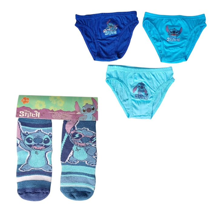 Set 2 perechi șosete ABS, talpă antiderapantă și 3 perechi chiloți băieți, 100% bumbac, albastru, Happy, Stitch [1]