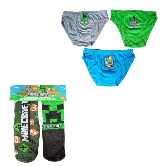 Set 2 perechi șosete ABS, talpă antiderapantă și 3 perechi chiloți băieți, 100% bumbac, multicolor, Happy, Minecraft [1]