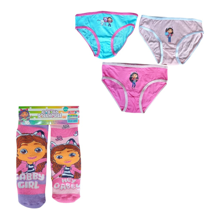 Set 2 perechi șosete ABS, talpă antiderapantă și 3 perechi chiloți fete, 100% bumbac, multicolor, Happy, Gabby's Dollhouse [1]