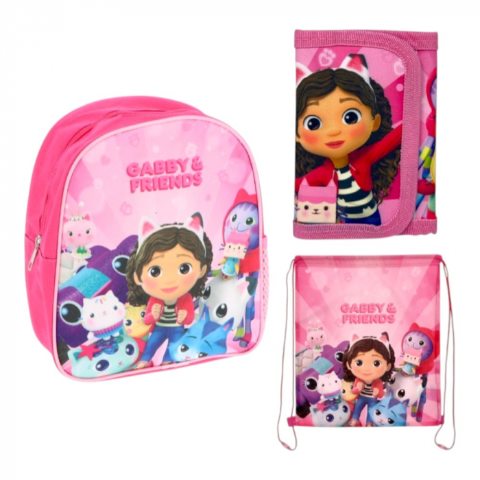 Set ghiozdan, 26x22x10 cm, sac sport si portofel, multicolor, Gabby's Dollhouse [1]