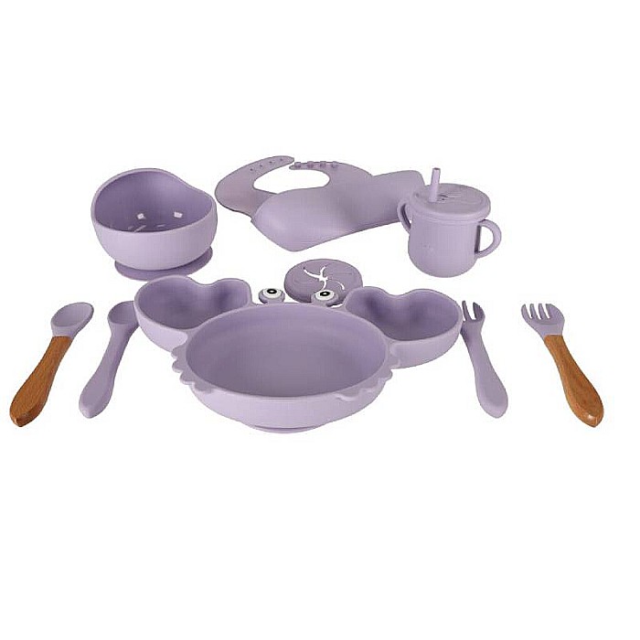 Set hrănire bebeluși și copii din silicon, 9 piese, Pink Homio, bavetă, farfurie compartimentată, bol cu ventuză, pahar cu capac, tacâmuri, ideal pentru diversificare, fără alergeni [8]