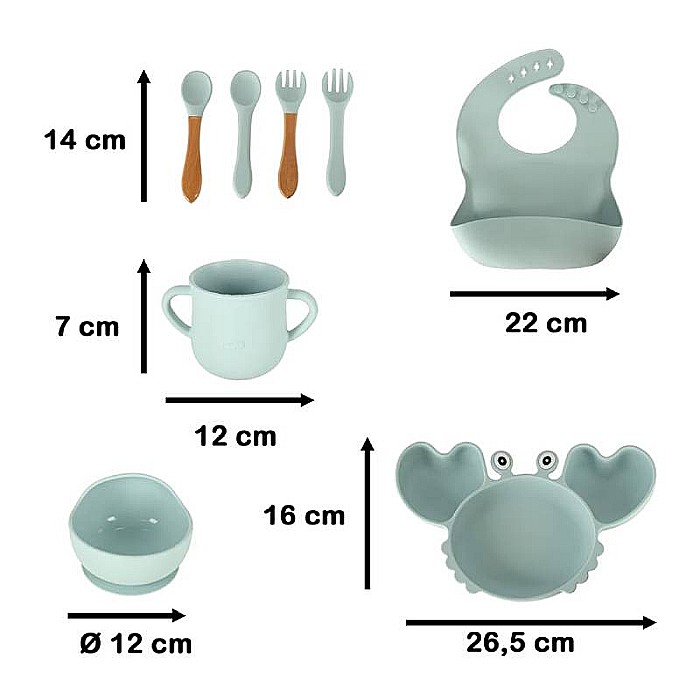 Set hrănire bebeluși și copii din silicon, 9 piese, Blue Homio, bavetă, farfurie compartimentată, bol cu ventuză, pahar cu capac, tacâmuri, ideal pentru diversificare, fără alergeni [2]