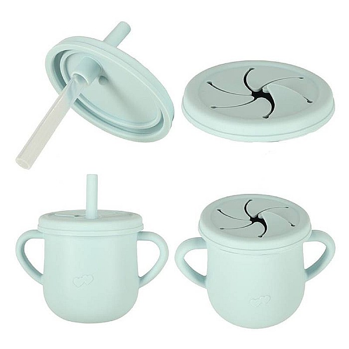 Set hrănire bebeluși și copii din silicon, 9 piese, Blue Homio, bavetă, farfurie compartimentată, bol cu ventuză, pahar cu capac, tacâmuri, ideal pentru diversificare, fără alergeni [3]