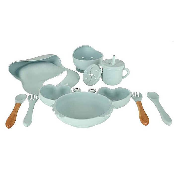 Set hrănire bebeluși și copii din silicon, 9 piese, Blue Homio, bavetă, farfurie compartimentată, bol cu ventuză, pahar cu capac, tacâmuri, ideal pentru diversificare, fără alergeni [4]