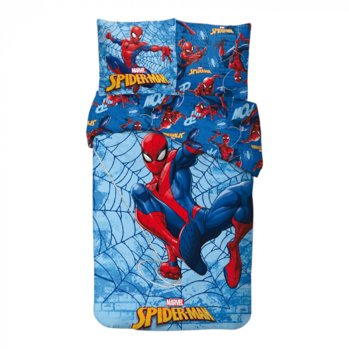 Set lenjerie pat, 100% bumbac, 2 piese, 140x200 cm, 65x65 cm, albastru, Happy, Spiderman [1]