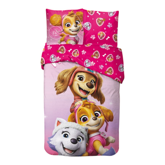 Set lenjerie pat, 100% bumbac, 2 piese, 140x200 cm, 65x65 cm, roz, Happy, Paw Patrol [1]