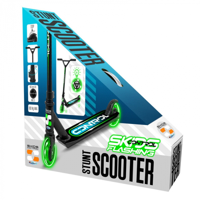 Trotineta pentru trucuri si acrobatii, cu 2 roti 7-15 ani, greutate maxima 100 kg, multicolor, ghidon ajustabil, manere pliabile, platforma antiderapanta, frana posterioara cu piciorul, Stunt, Skids C [3]
