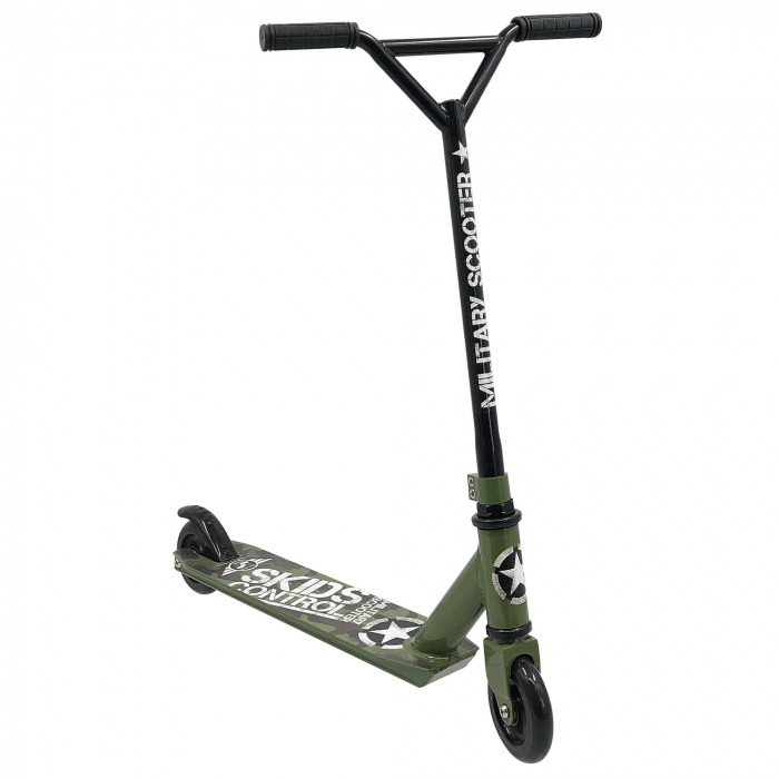 Trotineta pentru trucuri si acrobatii, cu 2 roti 7-15 ani, greutate maxima 100 kg, multicolor, ghidon ajustabil, manere pliabile, platforma antiderapanta, frana posterioara cu piciorul, Stunt, Skids C [2]