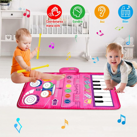 Covor Muzical Electronic, 2 betisoare de percutie, 13 melodii, Moduri multiple, Volum Adjustabil, 80x50 cm, + 3 Ani, PE+ABS, Roz [4]