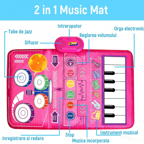 Covor Muzical Electronic, 2 betisoare de percutie, 13 melodii, Moduri multiple, Volum Adjustabil, 80x50 cm, + 3 Ani, PE+ABS, Roz [2]