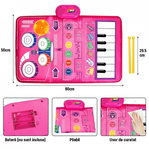 Covor Muzical Electronic, 2 betisoare de percutie, 13 melodii, Moduri multiple, Volum Adjustabil, 80x50 cm, + 3 Ani, PE+ABS, Roz [1]