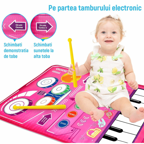 Covor Muzical Electronic, 2 betisoare de percutie, 13 melodii, Moduri multiple, Volum Adjustabil, 80x50 cm, + 3 Ani, PE+ABS, Roz [5]