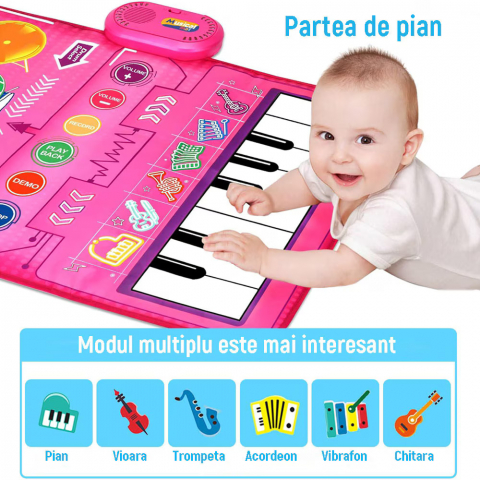 Covor Muzical Electronic, 2 betisoare de percutie, 13 melodii, Moduri multiple, Volum Adjustabil, 80x50 cm, + 3 Ani, PE+ABS, Roz [6]