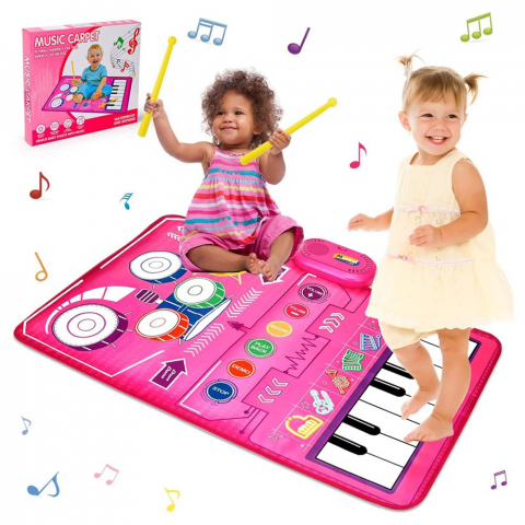 Covor Muzical Electronic, 2 betisoare de percutie, 13 melodii, Moduri multiple, Volum Adjustabil, 80x50 cm, + 3 Ani, PE+ABS, Roz [3]