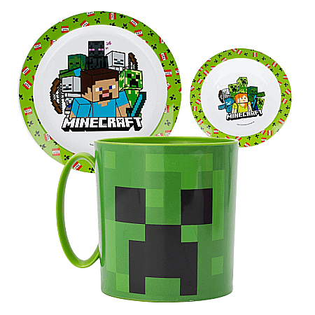 Pahare, farfurii și căni - Set 3 piese pentru servit masă, plastic, fără BPA, multicolor, utilizabil la microunde, Minecraft