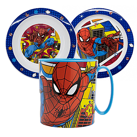Pahare, farfurii și căni - Set 3 piese pentru servit masă, plastic, fără BPA, multicolor, utilizabil la microunde, Spiderman