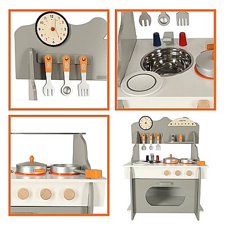 Bucătărie Pentru Copii, Din Lemn Homio, culoare Alb/Gri, Include Plită cu Două Arzătoare, Chiuvetă, Cuptor Mare, Accesorizată Complet, Vopsea pe Bază de Apă, 72 x52x 36 cm [2]