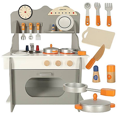 Bucătărie Pentru Copii, Din Lemn Homio, culoare Alb/Gri, Include Plită cu Două Arzătoare, Chiuvetă, Cuptor Mare, Accesorizată Complet, Vopsea pe Bază de Apă, 72 x52x 36 cm [11]