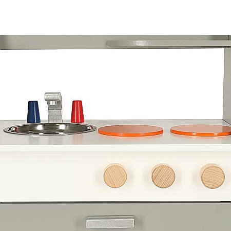 Bucătărie Pentru Copii, Din Lemn Homio, culoare Alb/Gri, Include Plită cu Două Arzătoare, Chiuvetă, Cuptor Mare, Accesorizată Complet, Vopsea pe Bază de Apă, 72 x52x 36 cm [6]