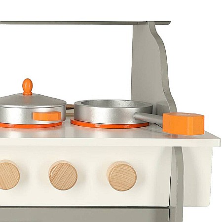 Bucătărie Pentru Copii, Din Lemn Homio, culoare Alb/Gri, Include Plită cu Două Arzătoare, Chiuvetă, Cuptor Mare, Accesorizată Complet, Vopsea pe Bază de Apă, 72 x52x 36 cm [7]