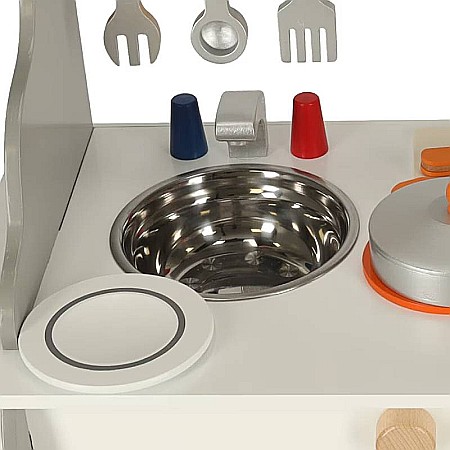 Bucătărie Pentru Copii, Din Lemn Homio, culoare Alb/Gri, Include Plită cu Două Arzătoare, Chiuvetă, Cuptor Mare, Accesorizată Complet, Vopsea pe Bază de Apă, 72 x52x 36 cm [8]