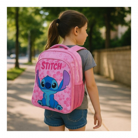 Ghiozdan copii, 42x30x17 cm, cu trei compartimente si doua buzunare laterale, roz, bretele ergonomice, intarite si ajustabile, benzi reflectorizante, Stitch [3]