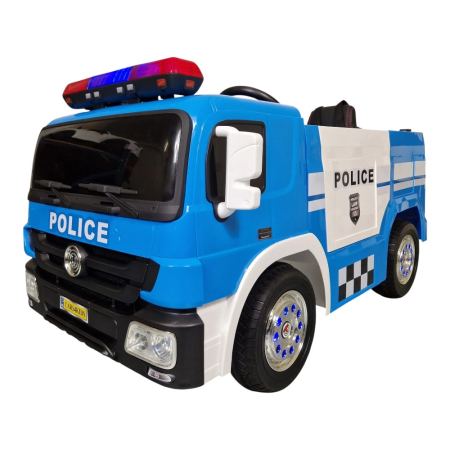 Mașină electrică de poliție, pentru o persoană, Albastru, 12V, cu telecomandă, Sunete/Muzică, Greutate maximă suportată 30 kg, 115x65x60 cm [1]