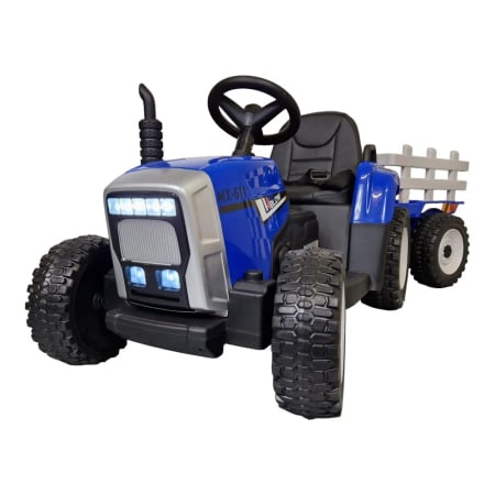 Mașini electrice pentru copii - Mașină electrică tip tractor cu remorcă, pentru o persoană, Albastru, 12V, cu telecomandă, Sunete/Muzică, Bluetooth, 137x50x53 cm