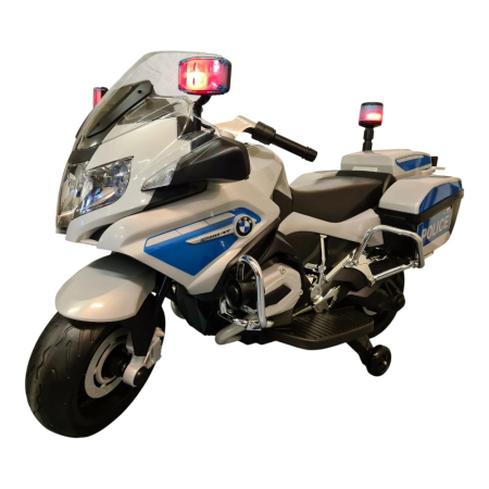 Motocicletă electrică de poliție cu licență BMW R1200, pentru o persoană, Albastru/Alb 12V, Sunete/Muzică, MP3, Lumini, Roți laterale, 124x47x75 cm [1]