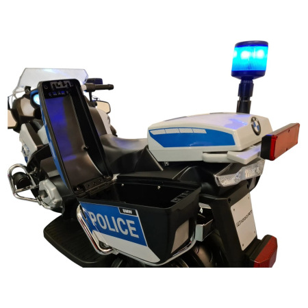 Motocicletă electrică de poliție cu licență BMW R1200, pentru o persoană, Albastru/Alb 12V, Sunete/Muzică, MP3, Lumini, Roți laterale, 124x47x75 cm [7]