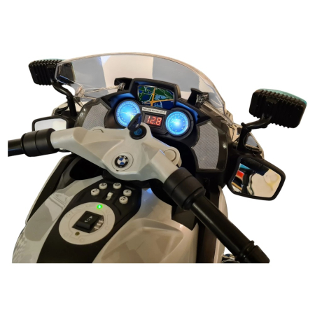Motocicletă electrică de poliție cu licență BMW R1200, pentru o persoană, Albastru/Alb 12V, Sunete/Muzică, MP3, Lumini, Roți laterale, 124x47x75 cm [8]