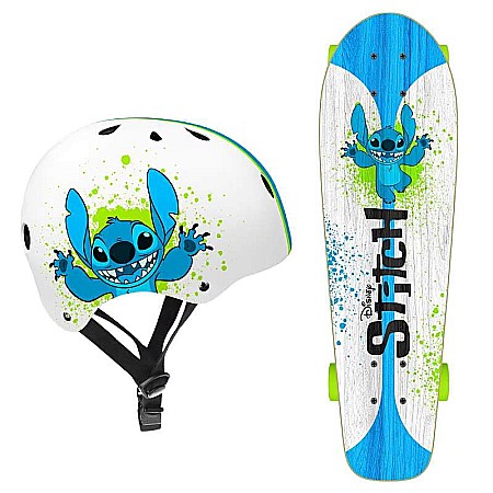 Skateboard - Set Skateboard Copii, 70 x 20cm, 9 straturi de arțar, placă antiderapantă, rulmenți Abec-5 și cască de protecție, multicolor, Stitch