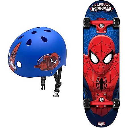 Set Skateboard Copii, 70 x 20cm, 9 straturi de arțar, placă antiderapantă, rulmenți Abec-5 și cască de protecție, multicolor, Spiderman