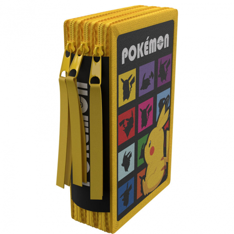 Penare - Penar cu 3 compartimente, 20x13x7 cm, echipat, 40 piese, galben, Pokemon
