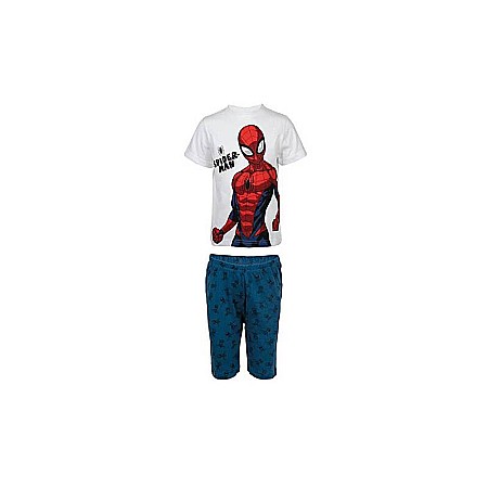 Pijamale cu mânecă scurtă - Pijama copii, cu mânecă scurtă, 100% bumbac, alb/albastru, Spiderman, Marvel, spi220