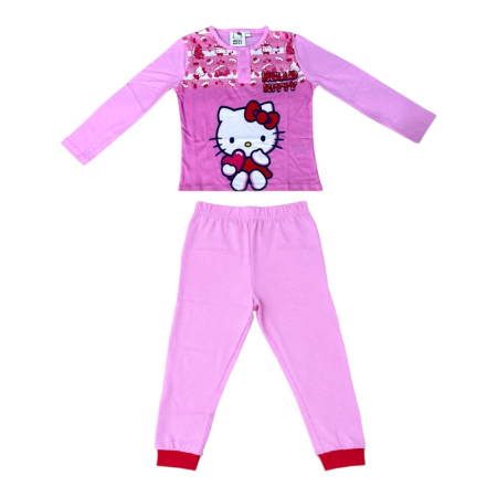Pijamale maneca lunga - Pijamale copii, 100% bumbac, roz, Hero, Hello Kitty