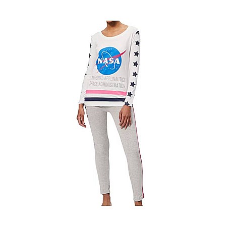 Pijamale damă - Pijamale damă cu mânecă lungă, alb/gri, 100% bumbac, NASA