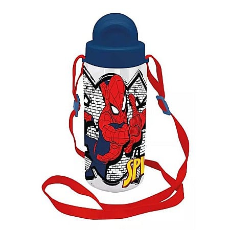 Copii - Sticlă plastic, Spiderman Brick, cu pai și șnur, 500 ml