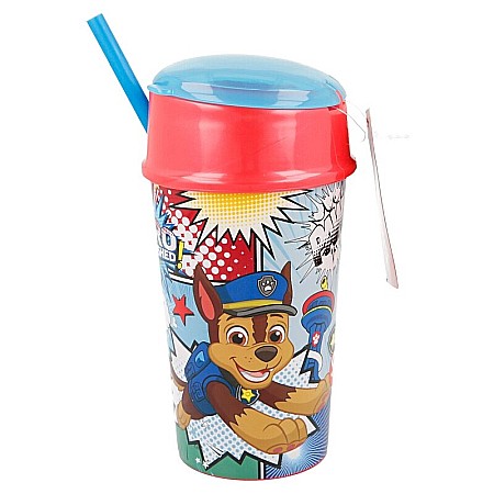 Pahare, farfurii și căni - Pahar din plastic fără BPA cu pai și compartiment superior pentru alimente, 400 ml, Paw Patrol
