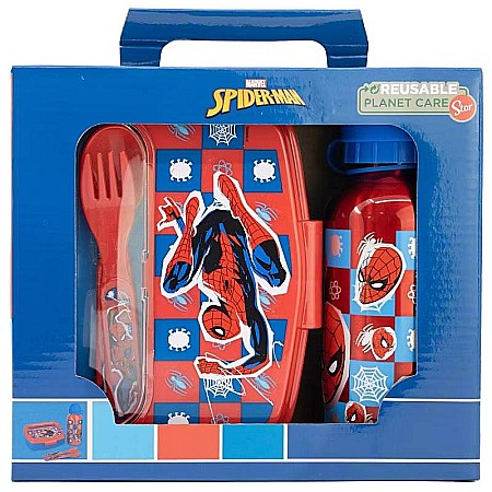 Copii - Set sticlă apă 400 ml din aluminiu și cutie sandwich cu tacâmuri, fără BPA, Arachnid, Spiderman