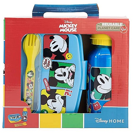 Copii - Set sticlă apă 400 ml din aluminiu și cutie sandwich cu tacâmuri, fără BPA, Fun-Tastic, Mickey Mouse