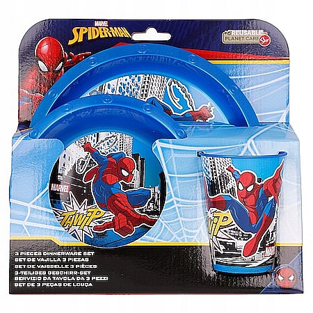 Copii - Set 3 piese veselă, Spiderman, Farfurie/Castron/Cană, Plastic, Multicolor