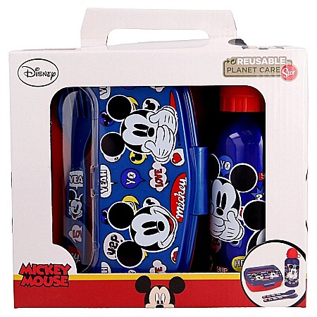 Set sticlă apă 400 ml din aluminiu și cutie sandwich cu tacâmuri, fără BPA, Disney, Mickey Mouse [0]
