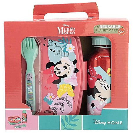 Copii - Set sticlă apă 400 ml din aluminiu și cutie sandwich cu tacâmuri, fără BPA, Being, Minnie Mouse