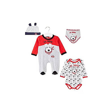 Body-uri și salopete copii - Set 4 piese, salopetă și body cu mânecă lungă, bavețică și căciulă, roșu, Lee Cooper
