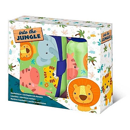 Cutii sandwich - Set cutie sandwich plastic fără BPA și sticlă apă din aluminiu, 400 ml, multicolor, Into the Jungle