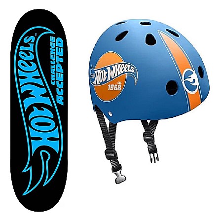 Skateboard - Set Skateboard Copii, 70 x 20cm, 9 straturi de arțar, placă antiderapanta, rulmenți Abec-5 și cască de protecție, multicolor, Hot Wheels