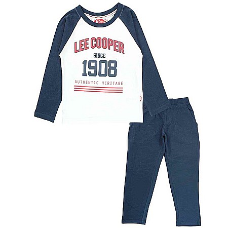 Pijamale copii - Pijamale copii cu mânecă lungă, albastru/alb, cu buzunare laterale, 100% bumbac, Lee Cooper
