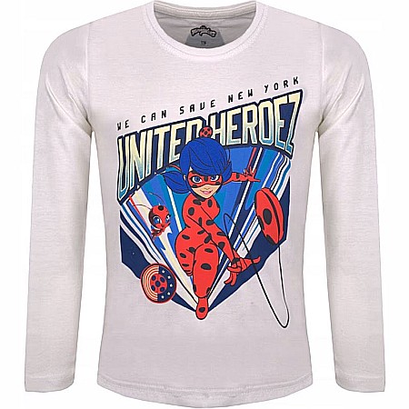 Bluze și jachete copii - Tricou cu mânecă lungă, 100% bumbac, alb, Miraculous LadyBug