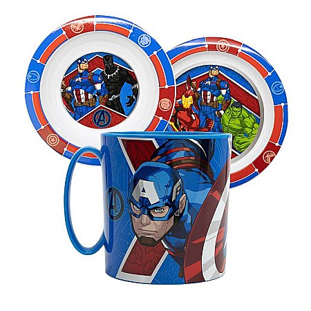 Pahare, farfurii și căni - Set 3 piese pentru servit masa, plastic, fără BPA, multicolor, utilizabil la microunde, Heraldic Army, Avengers